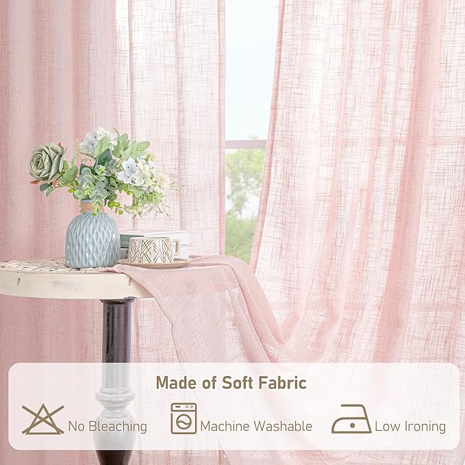 LAMIT Linen Curtains 90 Inch for Living Room, Back Tab and Rod Pocket Linen Textured Farmhouse Curtains Light Filtering Drapes for Bedroom/Dining Room, Pink, Set of 2, 52 x 90 Inch