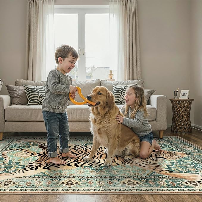 Bavni 3x5 Tiger Rug, Machine Washable Animal Print Low Pile Boho Woodland - Image 6