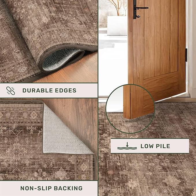 Brown Rug for Living Room 10x12 - Large Vintage Western Eclectic Unique Neutral Taupe, Washable Low Pile Non-Slip Area Rug for Dining Under Table, Bedroom Under Bed, Home Office
