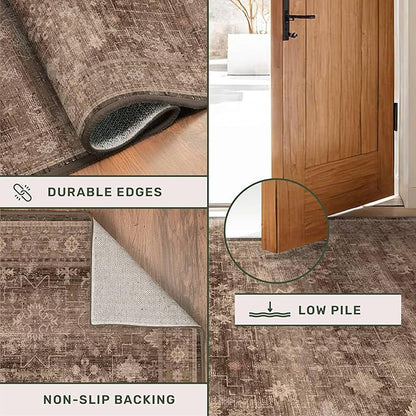Brown Washable Long Runners for Hallways, 3x8 Wide Kitchen Runner Rug, Entryway Indoor Rug, Non Slip Rubber Backing Boho Vintage Dark Floor Decor