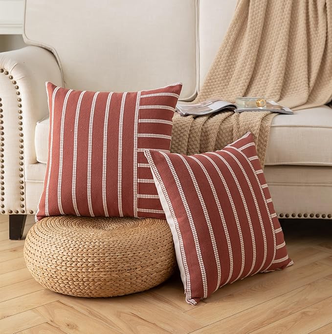 Caflife Boho Fall Throw Pillow Covers 18x18 Set of 2 Soft Farmhouse Decorative Couch Pillow Cases Rust Striped Pillow Covers Neutral Cushion Covers for Sofa Bed Living Room Home Decor