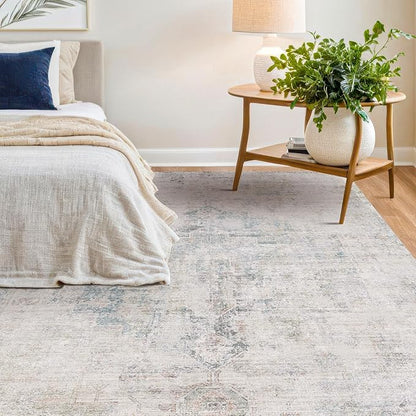 Washable Abstract Modern Area Rug 9x12 for Living Room, Bedroom, Dining Room, Home Office, Low Pile Non Slip Ultra Soft Stain Resistant, Distressed Medallion Decor, Light Blue