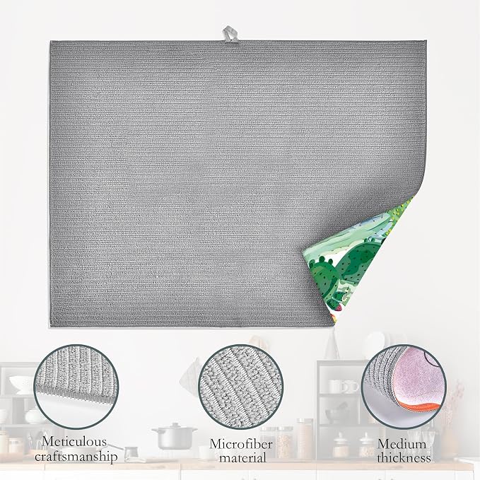 Green Cactus Dish Drying Mat, Tropical Plant Drying Rack Pad Countertop Dishes - Image 4