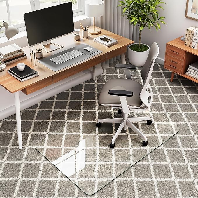 28"x42" Tempered Glass Office Chair Mat for Carpet & Hardwood Floor, 1/6" Thick Clear Floor Protector Desk Chair Mat with Rounded and Polished Edges