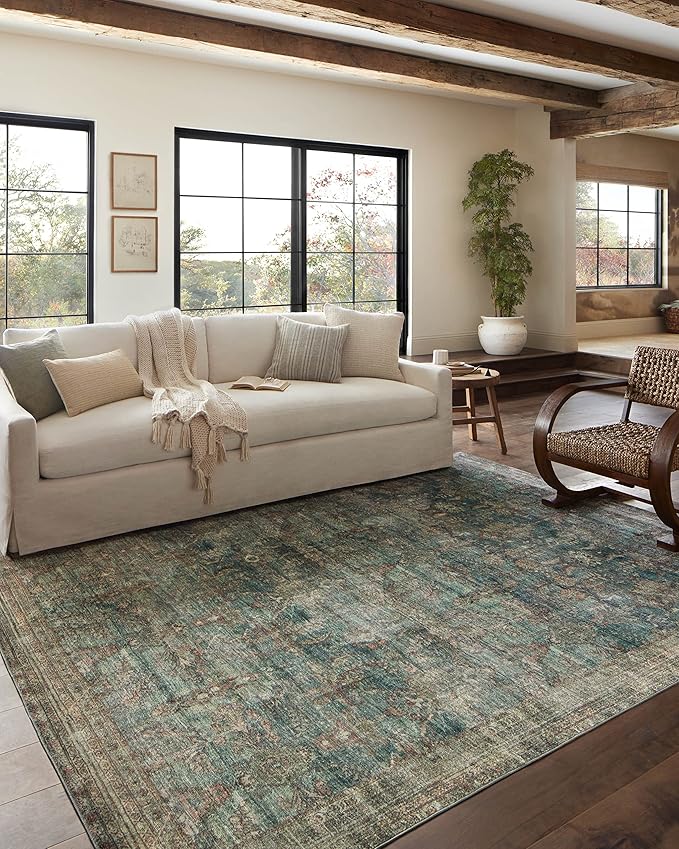 Loloi Magnolia Home by Joanna Gaines Banks Collection BAN-01 Ocean/Spice 3'-6" x 5'-6" .13" Pile Height, Machine Washable, Accent Rug