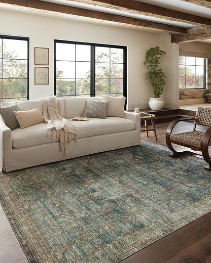 Loloi Magnolia Home by Joanna Gaines Banks Collection BAN-01 Ocean/Spice 3'-6" x 5'-6" .13" Pile Height, Machine Washable, Accent Rug