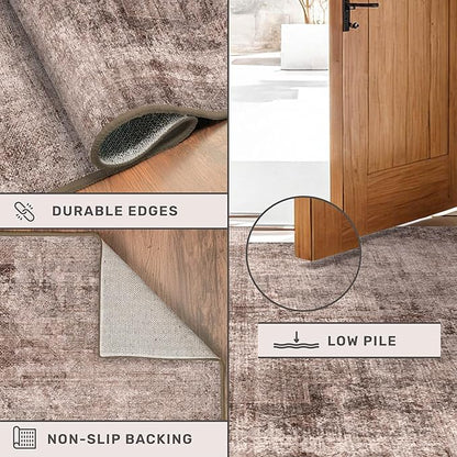 Brown and Red 3x5 Large Washable Entryway Rug, Vintage Home Décor, Low Pile Non Slip Area Rug for Kitchen, Laundry Room, Bedroom Beside Bed, Medallion Abstract Stain Resistant Carpet