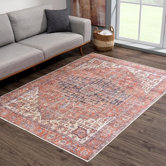 Bloom Rugs Washable Non-Slip 10x14 Rug - Red/Orange/Beige Traditional Oriental Area Rug for Living Room, Bedroom, Dining Room, and Kitchen - Exact Size: 10' x 14'