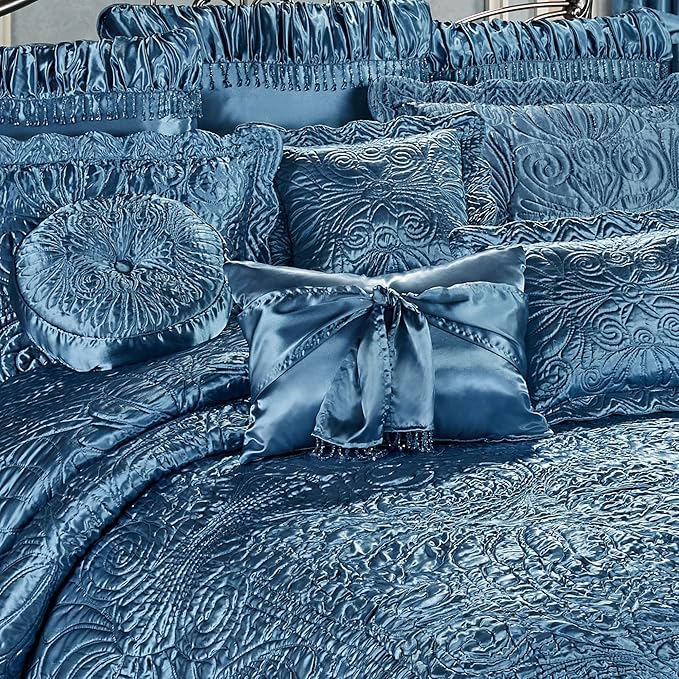 Portia Luxury Bedding | Sapphire | Quilted Polyester Satin | Hand Guided Machine Quilted Scroll Design | 11 Piece Set With Cal King Bedspread, 2 King Shams, 2 Euro Shams, 2 Euro Pillows, 4 Pillows
