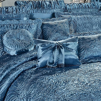 Portia Luxury Bedding | Sapphire | Quilted Polyester Satin | Hand Guided Machine Quilted Scroll Design | 11 Piece Set With Cal King Bedspread, 2 King Shams, 2 Euro Shams, 2 Euro Pillows, 4 Pillows