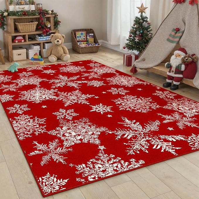 Red Area Rug 4x6 Christmas Office Carpet Snowflake Washable Doormat Xmas - Image 4