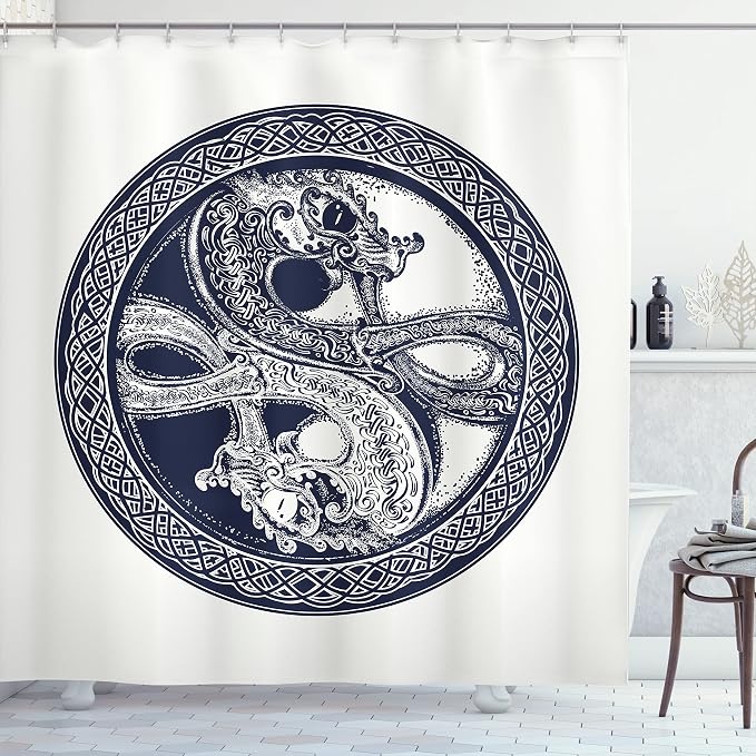 Ambesonne Celtic Dragon Shower Curtain, Mystic Yin Yang Creatures in Round Frame by Ambesonne