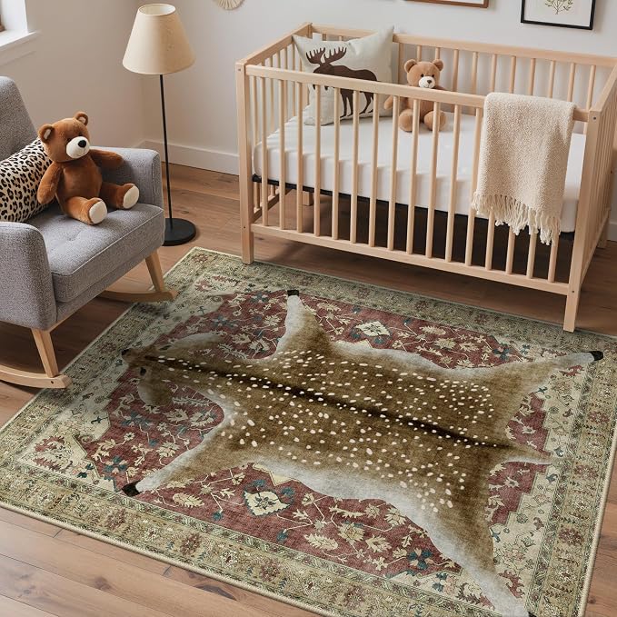 Bavni 5x7 Deer Rug, Machine Washable Animal Print Low Pile Boho Carpet by BAVNI