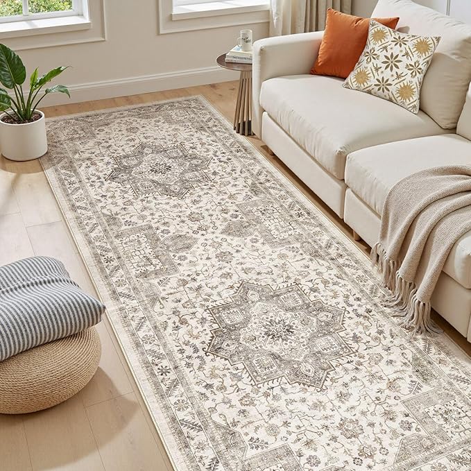 Vintage Hallway Runner Rug 3x10: Large Soft Washable Entryway for Kitchen Laundry Room Non-Slip Backing Runner for Entrance Living Room Bedroom Bathroom - Light Brown