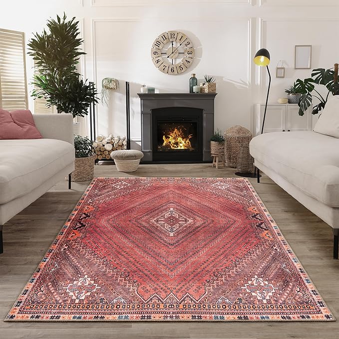 Bloom Rugs Washable Non-Slip 9' x 12' Rug - Red/Multicolor Traditional Bordered Area Rug for Living Room, Bedroom, Dining Room, and Kitchen - Exact Size: 9' x 12'