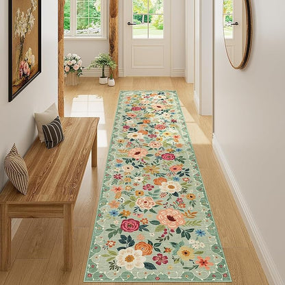 DUKINO 2x8 Runner Rug for Hallway, Washable Kitchen Runner Rug with Rubber Backing Non Slip, Low Pile Soft Boho Floral Thin Carpet for Entryway, Hallway, Bathroom, Laundry Room, Green