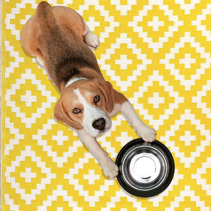 FH Home Outdoor Rug - Waterproof, Fade Resistant, Reversible - Premium Recycled Plastic - Geometric - Patio, Porch, Deck, Balcony - Aztec - Yellow & White Crease Free - 4 x 6 ft