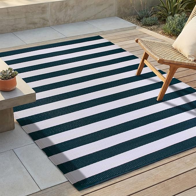 FH Home Outdoor Rug - Waterproof, Fade Resistant, Reversible - Premium Recycled Plastic - Striped - Large Patio, Deck, Sunroom, Camping, RV - Brittany Stripe - Blue & White Crease Free - 5 x 8 ft