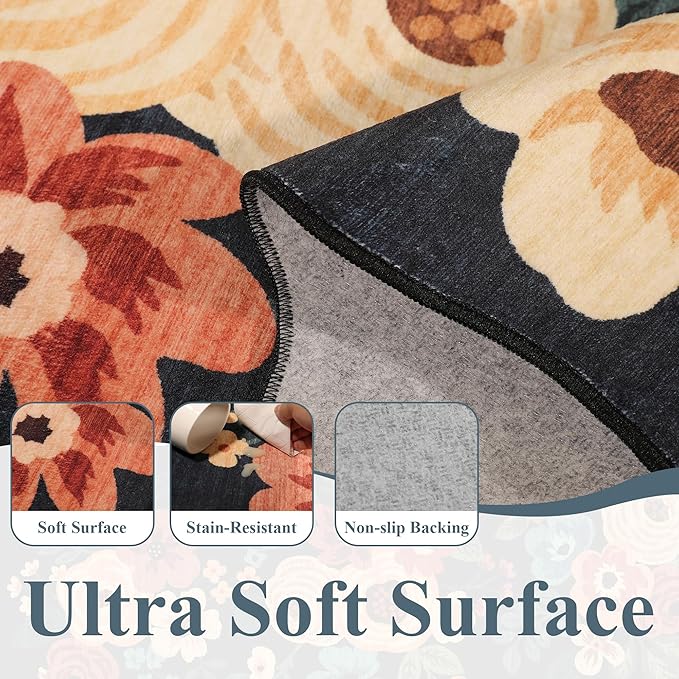 DUKINO 2.6x8 Runner Rug for Hallway, Washable Kitchen Rug with Non Slip Backing & Non-Shediing, Soft Low Pile Floral Design Runner for Bedroom, Kithchen, Living Room, Laundry, Bathroom, Navy Blue