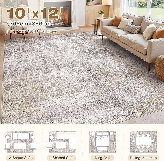 Abstract Living Room Rug 10x12 - Modern Washable Soft Thin Area Rug for Living Room Bedroom Under Dining Table - Neutral Indoor Floor Rug Carpets for Home Office Playroom Nursery - Brown Gold