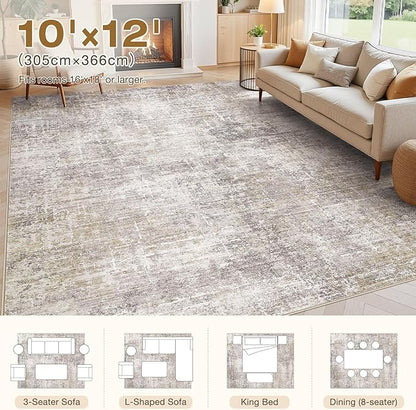 Abstract Living Room Rug 10x12 - Modern Washable Soft Thin Area Rug for Living Room Bedroom Under Dining Table - Neutral Indoor Floor Rug Carpets for Home Office Playroom Nursery - Brown Gold