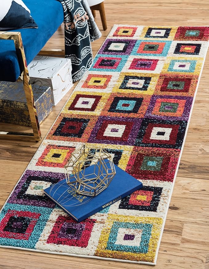 Unique Loom Estrella Collection Colorful, Geometric, Squares Modern, Abstract Area Rug (2' 2 x 6' 7 Runner, Multi/Beige)