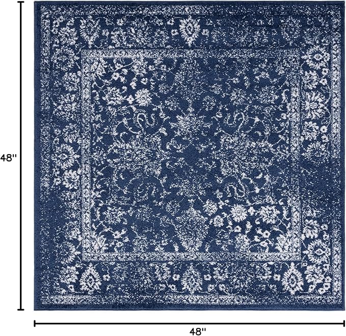 SAFAVIEH Adirondack Collection Area Rug - 4' Square, Navy & Ivory, Distressed Vintage Floral Design, Non-Shedding & Easy to Clean, Ideal for Living Room, Bedroom, Dining Space (ADR109N)