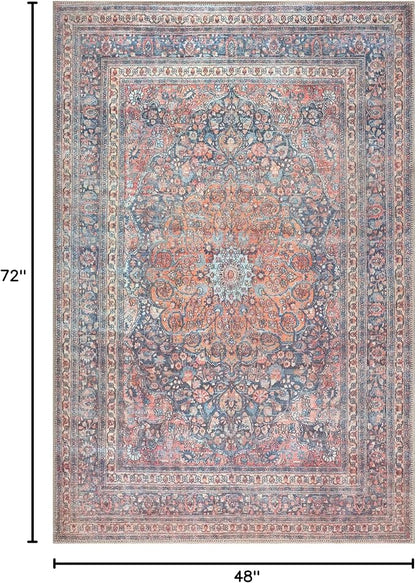 Bloom Rugs Washable Non-Slip 4' x 6' Rug - Multicolor Traditional Medallion Area Rug for Living Room, Bedroom, Dining Room, and Kitchen - Exact Size: 4' x 6'