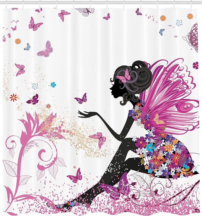 Ambesonne Fantasy Shower Curtain, Spring Girl Wings in a Floral Dress Surreal - Image 2