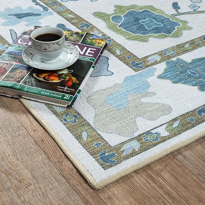 Fame Living Green Oushak Rug, Modern, Vintage, Turkish, Eclectic, Floral, Pastel, Washable, Area Rugs for Living Room, Dining, Bedroom, Office, Entryway, Foyer, Playroom, Nursery, 5'x6'9"