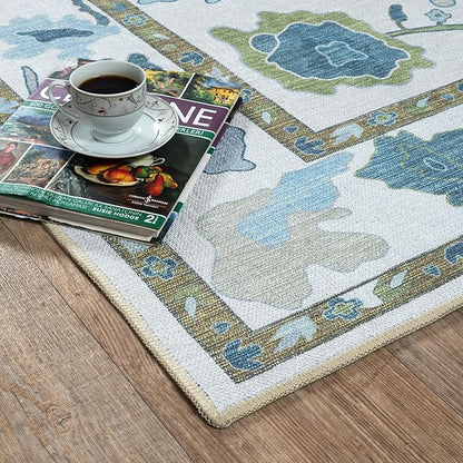 Fame Living Green Oushak Rug, Modern, Vintage, Turkish, Eclectic, Floral, Pastel, Washable, Area Rugs for Living Room, Dining, Bedroom, Office, Entryway, Foyer, Playroom, Nursery, 5'x6'9"