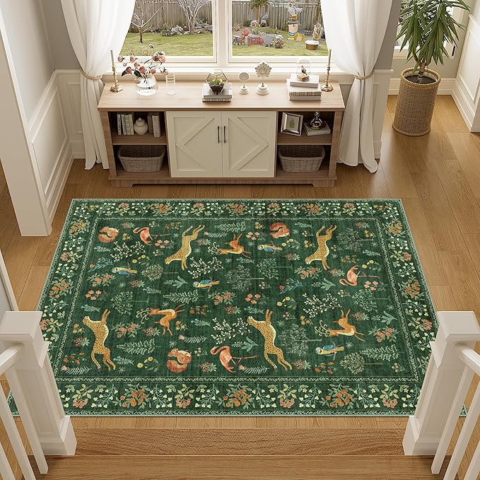 DUKINO 4x6 Rug, Washable Animal Area Rug with Non Slip Vintage Design, Indoor Soft Low Pile Carpet for Bedroom, Nursery, Dining Room, Farmhouse, Playroom, Green