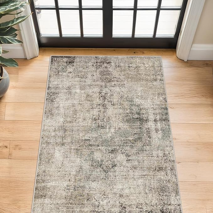 3x5 Entryway Rugs Indoor - Taupe Washable Farmhouse Area Rug for Bedroom, Kitchen, Laundry Room, Brown Vintage Home Décor, Low Pile & Soft Stain Resistant Carpet