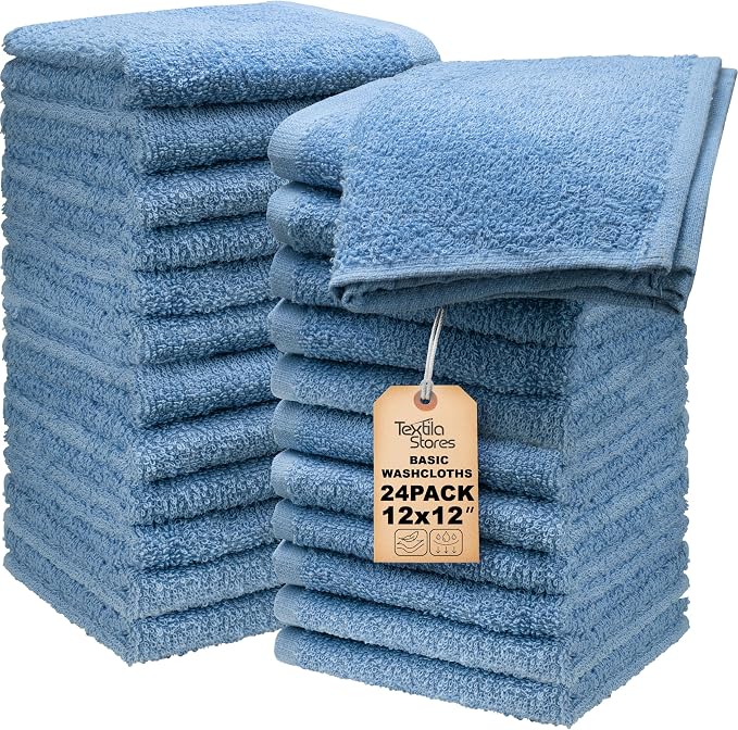 Basic Wash Cloths 12x12 Inches – Bulk Pack of 24 – Blue Color – Soft and by TEXTILA