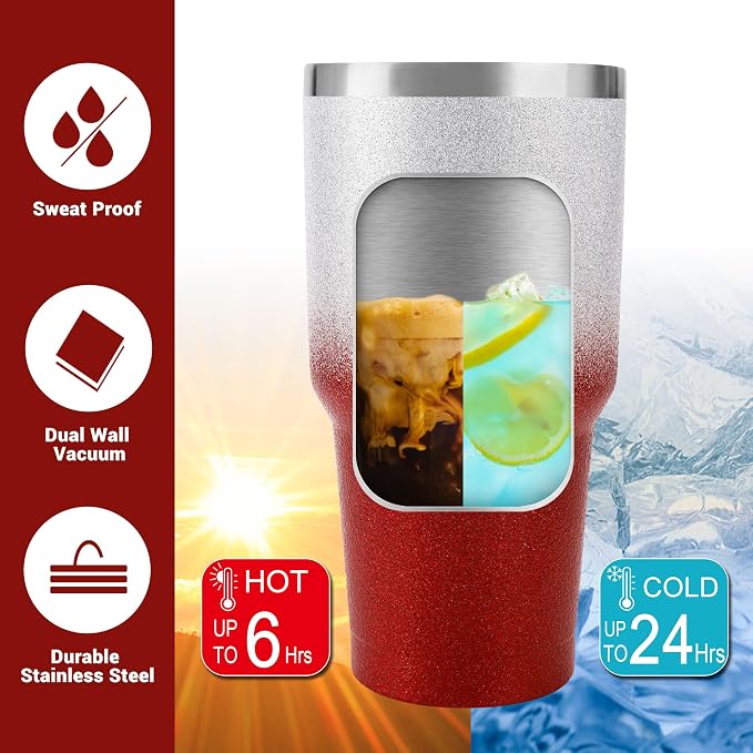 D·S 30 oz Tumbler Christmas Red Glitter Gradient Cup Stainless Steel Double - Image 4