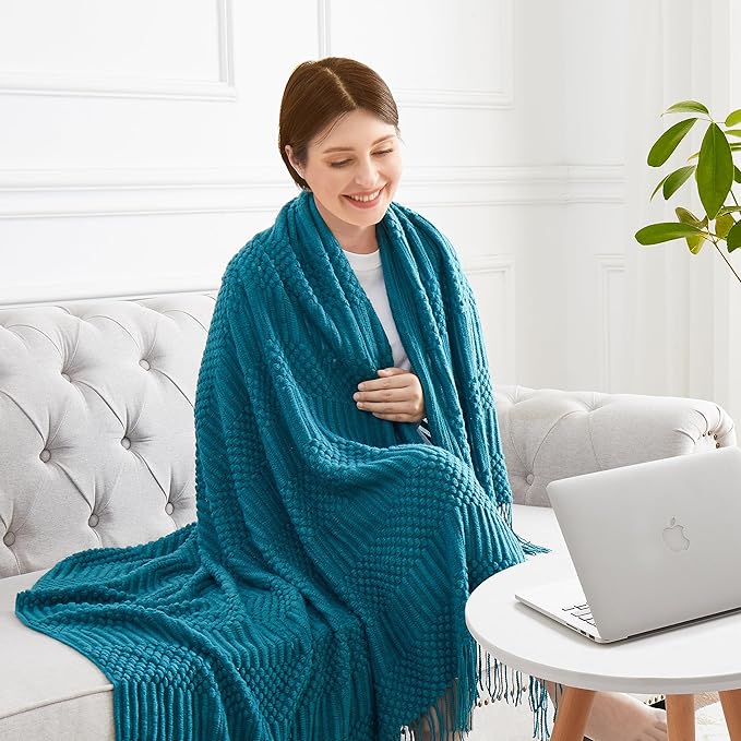 Teal Knitted Decorative Throw Blankets for Couch, Bedroom and Officeroom,Textured Fade Resistant Soft and Warm Knit Blanket with Tassel,50"x60"