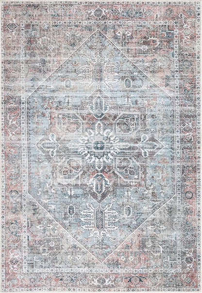 Bloom Rugs Washable Non-Slip 6' x 9' Rug - Light Pink/Light Blue Traditional Medallion Area Rug for Living Room, Bedroom, Dining Room, and Kitchen - Exact Size: 6' x 9'