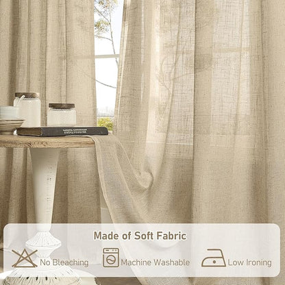LAMIT Semi Sheer Short Linen Curtains 24 Inch Long, Light Filtering Panels Back Tab and Rod Pocket Neutral Drapes for Cafe/Bathroom/Small Window, Brown, 2 Panels, 34 x 24 Inch
