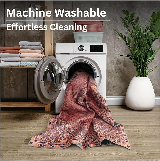 Bloom Rugs Washable Non-Slip 5' x 7' Rug - Red/Multicolor Traditional Bordered Area Rug for Living Room, Bedroom, Dining Room, and Kitchen - Exact Size: 5' x 7'