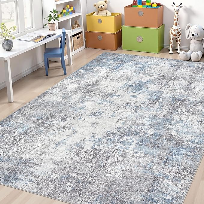 Washable 7x9 Area Rug: Modern Abstract Soft Non-Slip Indoor Rugs Home Decor - Low Pile Stain Resistant Carpet for Living Room Bedroom Dining Room Playroom Office(Blue Grey 7'x9')