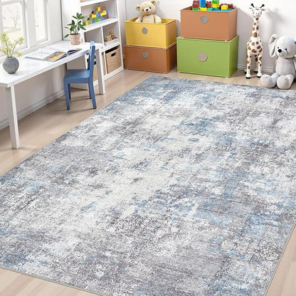 Washable 7x9 Area Rug: Modern Abstract Soft Non-Slip Indoor Rugs Home Decor - Low Pile Stain Resistant Carpet for Living Room Bedroom Dining Room Playroom Office(Blue Grey 7'x9')