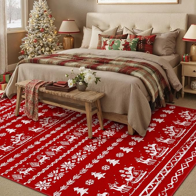 Christmas Area Rug 5x7 Red Kitchen Washable Carpet Xmas Snowflake Holiday Decor - Image 5