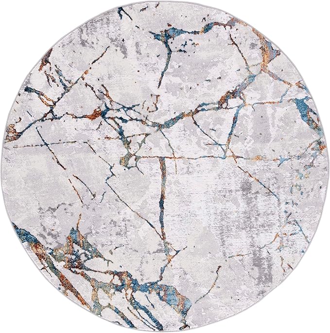 SAFAVIEH Amelia Collection 6'7" Round Grey/Blue Gold ALA293M Modern Abstract Non-Shedding Area Rug