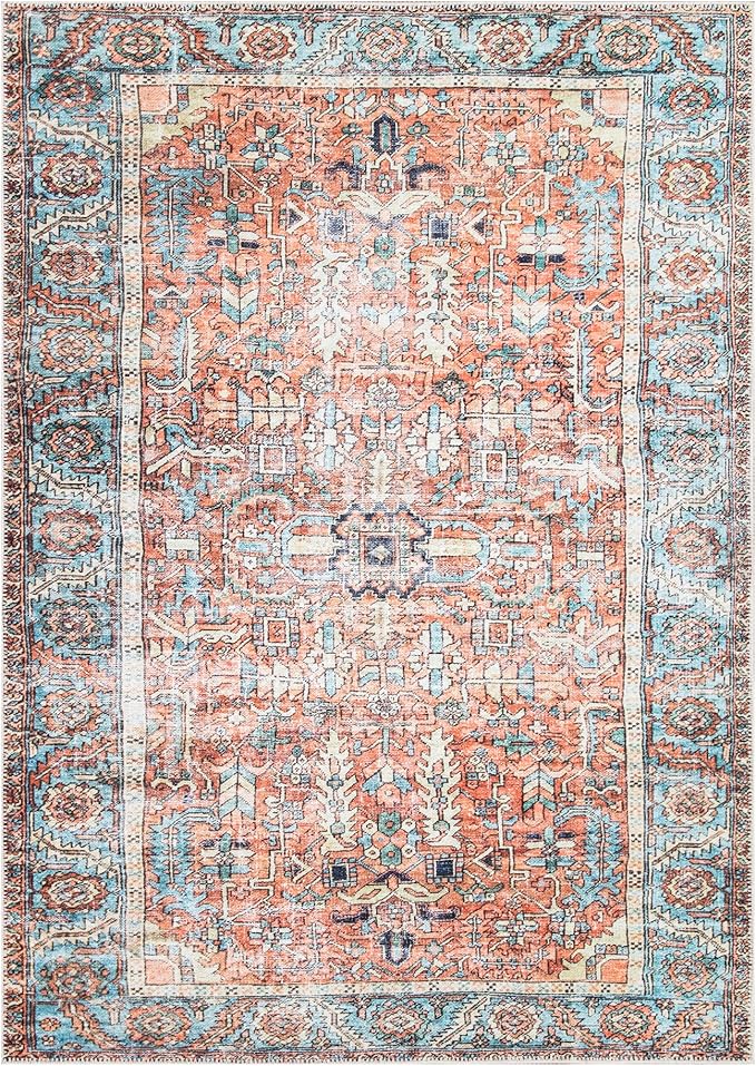 Bloom Rugs Washable Non-Slip 9' x 12' Rug - Orange/Blue Traditional Area Rug for Living Room, Bedroom, Dining Room, and Kitchen - Exact Size: 9' x 12'