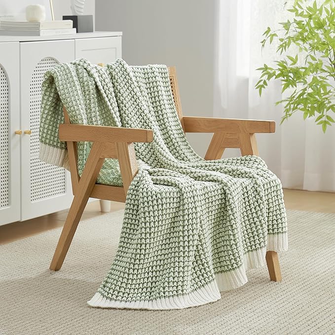 Amélie Home Waffle Chenille Throw Blanket for Couch, Pineapple Stitch Knit Soft Cozy Knit Blanket Decorative Throw for Sofa, Chair, 50"x60", Sage Green&Ivory