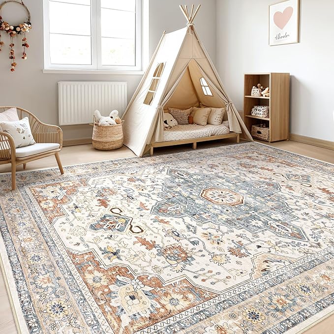 10x12 Area Rug Living Room: Washable Boho Large Neutral Vintage Soft Rugs Stain Resistant Distressed Farmhouse Non-Slip Indoor Floor Carpet for Bedroom Nursery Kids Office Dining Room- Beige Blue