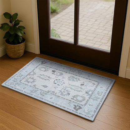 Fame Living Cream Beige Oushak Rug, Modern Small Rugs, Vintage, Turkish, Eclectic, Floral, Pastel, Washable, Door Mat, Doormat for Indoor Entrance, Entryway, Kitchen, Bathroom, Bedroom, Laundry, 2'x3'