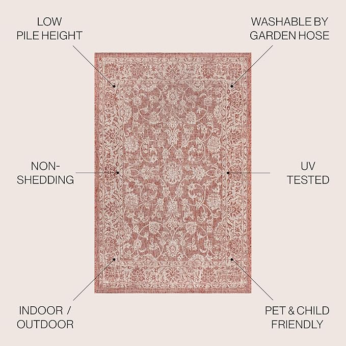 JONATHAN Y Weave Floral Indoor Outdoor Round Area Rug 8 Ft Red/Taupe, Tela Bohemian Textured for Backyard, Patio, Porch, Easy-Cleaning, High Traffic, Pet-Friendly, Non-Shedding (SMB100A-8R)
