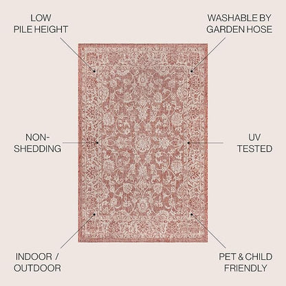 JONATHAN Y Weave Floral Indoor Outdoor Round Area Rug 8 Ft Red/Taupe, Tela Bohemian Textured for Backyard, Patio, Porch, Easy-Cleaning, High Traffic, Pet-Friendly, Non-Shedding (SMB100A-8R)