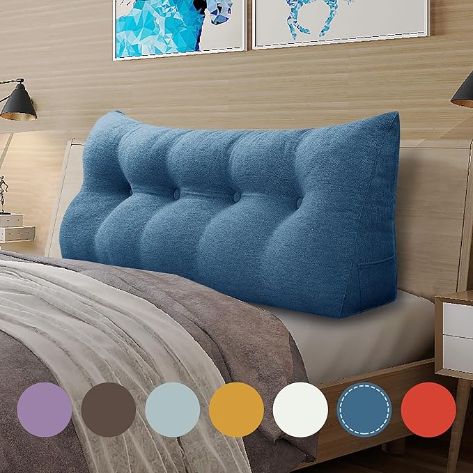 Wedge Headboard Pillow Dorm Room Reading Pillow Back Support for Sitting Up in Bed Bolster Lumbar Cushion Body Positioning Bedrest Cotton Linen 54in Blue Full